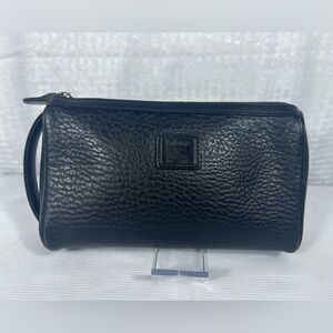 7504: Vintage Burberrys Black Grained Leather Wristlet Pouch with Plaid Lining